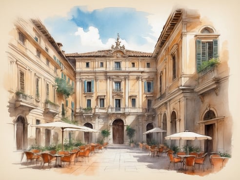 Ein malerischer Innenhof des NH Hotels Collection Roma Palazzo Cinquecento in Italien, umgeben von historischen Gebäuden mit gelben Fassaden. Im Vordergrund befinden sich runde Tische mit rotbraunen Stühlen und Sonnenschirmen, die zur Entspannung einladen. Der Himmel ist klar und blau, während sich einige Pflanzen an den Wänden befinden, die dem Ort eine einladende Atmosphäre verleihen.