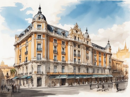 Das Bild zeigt das NH Hotels Collection Sevilla in Spanien, ein stattliches Gebäude mit einer eleganten Fassade in warmen Gelbtönen. An der obersten Stelle des Gebäudes befinden sich kunstvolle Dachkonstruktionen und Verzierungen. Die Fensterfronten sind symmetrisch angeordnet und über zwei Etagen verteilt. Auf der Straße vor dem Hotel sind zahlreiche Passanten zu sehen, die das pulsierende Stadtleben widerspiegeln. Im Hintergrund sind weitere architektonische Details und spitze Türme sichtbar, die die kulturelle Atmosphäre Sevillas unterstreichen.