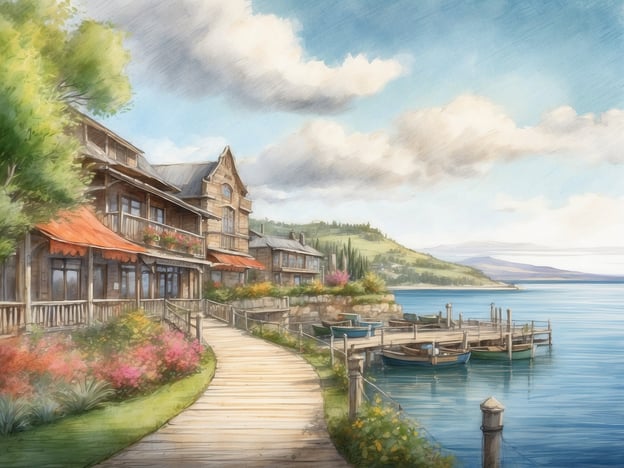Auf dem Bild ist eine malerische Küstenlandschaft zu sehen. Es gibt eine promenadeförmige Holzplanke, die an einer Reihe von Gebäuden entlangführt. Diese Gebäude scheinen eine Art Unterkunft oder Restaurant zu sein, mit großen Fenstern und bunten Blumenkästen. Vor den Gebäuden befindet sich ein ruhiger Wasserbereich mit einigen kleinen Booten, die am Steg vertäut sind. Die Umgebung ist von üppigem Grün und sanften Hügeln geprägt, und der Himmel ist blau mit einigen wolkigen Stellen.
In Bezug auf die Lage des Roompot Parks könnte man sagen, dass die Szenerie an entspannende Urlaubsorte erinnert, wo man die Natur und die Nähe zum Wasser genießen kann, ähnlich wie einige der Roompot Ferienparks, die oft in malerischen Küstenregionen liegen.