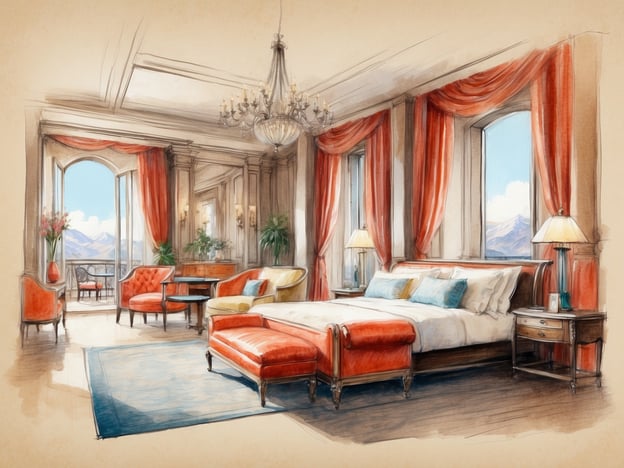 Auf dem Bild ist ein luxuriöses Hotelzimmer zu sehen. Die Unterkünfte umfassen ein großes, komfortables Bett mit eleganter Bettwäsche und mehreren Kissen. Neben dem Bett stehen Nachttische mit Tischlampen.
Die Ausstattung des Zimmers umfasst auch einen gemütlichen Sitzbereich mit roten Sesseln und einem kleinen Tisch. Große Fenster mit roten Vorhängen bieten einen schönen Ausblick auf die Berge. Außerdem sind Pflanzen und frische Blumen für eine angenehme Atmosphäre und dekorative Akzente im Raum platziert. Die insgesamt stilvolle und warme Einrichtung sorgt für ein einladendes Ambiente.
