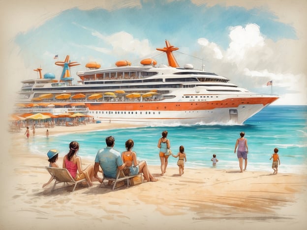 Auf dem Bild ist eine malerische Strandlandschaft zu sehen, in der eine Familie am Ufer sitzt. Sie genießen den Blick auf ein großes Kreuzfahrtschiff, das im Hintergrund im Wasser liegt. Die Szenerie ist hell und einladend, mit einem blauen Himmel und sanften Wellen. Es wirkt nach einem entspannten Urlaubsambiente, wo Menschen die Sonne und das Meer genießen.
Im Kontext von Roompot Park - Le Kérou könnte man sagen, dass solche Urlaubsumgebungen das Gefühl von Entspannung und Freizeit widerspiegeln, die auch dort geboten werden. Der Park bietet verschiedene Aktivitäten und Annehmlichkeiten für Familien, um das Urlaubsgefühl in der Natur und am Wasser zu genießen.