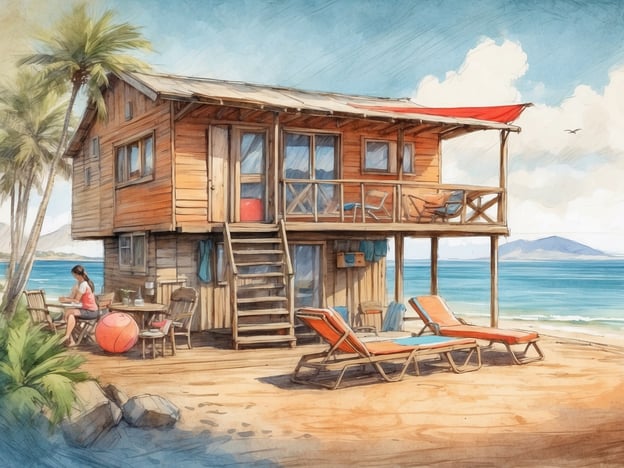 Auf dem Bild ist eine malerische Strandhütte zu sehen, die stilvoll und gemütlich wirkt. Die Hütte besteht aus Holz und hat eine Veranda mit Stühlen und Sonnenschirmen. Vor der Hütte sitzen eine Frau an einem Tisch und ein großer, roter Ball ist ebenfalls zu sehen. Im Hintergrund erstreckt sich der Strand mit klarem Wasser und sanften Wellen, während Palmen eine tropische Atmosphäre schaffen.
Dieser Anblick erinnert an einen Urlaubsort wie den Roompot Park - Camping L'Air Marin, der für seine schönen Strandlagen und entspannenden Urlaubsangebote bekannt ist. Der Park bietet eine Vielzahl an Unterkünften, Aktivitäten und Freizeitmöglichkeiten, ideal für Familien und Erholungssuchende.