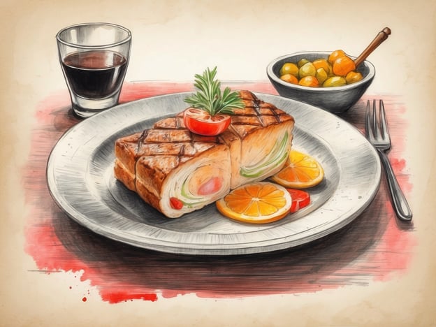 Auf dem Bild ist ein kunstvoll angerichtetes Gericht zu sehen. Es handelt sich um eine Art gefülltes Fleisch, das sorgfältig zubereitet wurde und auf einem eleganten Teller serviert ist. Das Gericht ist mit frischen Kräutern, einer Tomate und Zitrusfrüchten dekoriert, was nicht nur für einen ansprechenden Anblick sorgt, sondern auch für einen frischen Geschmack.
Neben dem Hauptgericht gibt es eine Schale mit Oliven, die eine köstliche Vorspeise oder Beilage darstellen. Dazu wird ein dunkles Getränk gereicht, wahrscheinlich ein Rotwein, der das kulinarische Erlebnis abrundet. Solch ein Gericht könnte man in einem gehobenen Restaurant erwarten, wo sowohl die Qualität der Zutaten als auch die Präsentation eine große Rolle spielen.