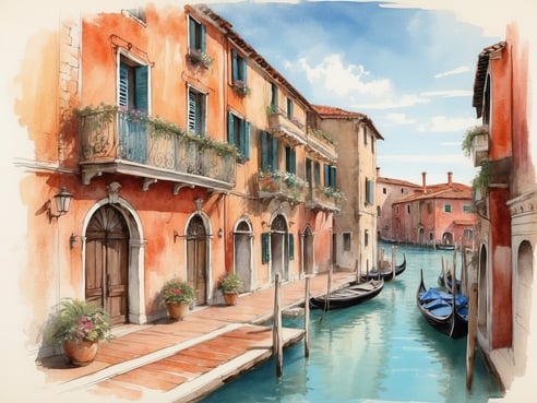 Eine malerische Aussicht auf eine venezianische Wasserstraße in Murano, Italien. Bunte, historische Gebäude mit Blumenkästen stehen am Ufer, während sich das ruhige Wasser sanft durch die Szene schlängelt. Mehrere traditionelle Gondeln liegen in der Nähe der Kante, umgeben von einer gemütlichen, einladenden Atmosphäre unter blauem Himmel und vereinzelten Wolken. Ideal für eine entspannte Erkundungstour.