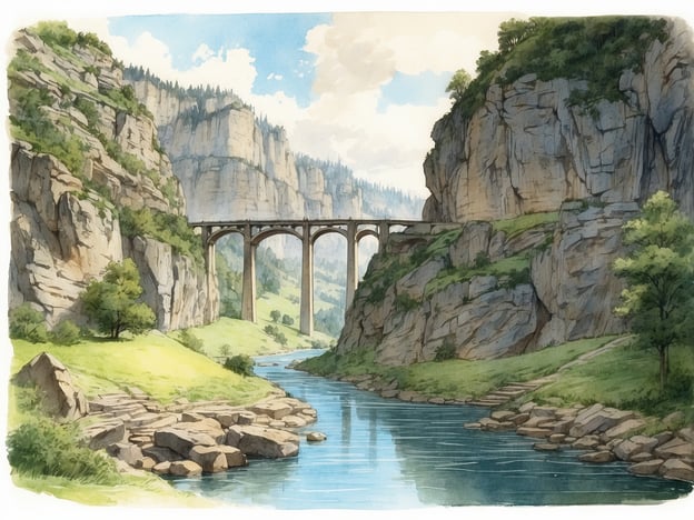 Auf dem Bild ist eine malerische Landschaft zu sehen, in der eine Brücke über einen Fluss führt, der sich durch eine Schlucht schlängelt. Die umgebenden hohen Felsen und grünen Wiesen verleihen der Szene eine beeindruckende Naturschönheit.In der Umgebung könnte man Aktivitäten wie Wandern oder Radfahren genießen, da solche Gebiete oft gut ausgebaute Wege haben. Zudem wären Bootsfahrten auf dem Fluss oder das Erkunden der umliegenden Natur ebenfalls sehr reizvoll. Solche Landschaften sind oft auch ideal für Fotografie und Picknicks, um die herrliche Aussicht zu genießen. Möglicherweise gibt es in der Nähe auch Sehenswürdigkeiten wie alte Burgen oder Aussichtspunkte, die einen Blick auf die beeindruckende Landschaft bieten.
