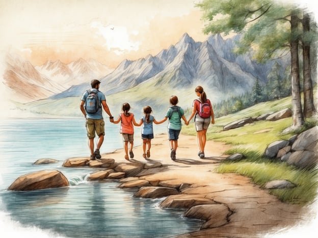 Auf dem Bild ist eine Familie zu sehen, die in der Natur wandert. Sie gehen entlang eines malerischen Weges, der sich am Ufer eines Sees erstreckt. Im Hintergrund sind majestätische Berge zu sehen, die in sanften, pastellfarbenen Tönen dargestellt sind. Die Familie, bestehend aus einem Erwachsenen und mehreren Kindern, hält Händchen und scheint die gemeinsame Zeit im Freien zu genießen.
**Überblick über Roompot Park - Peneyrals:**
Roompot Park - Peneyrals bietet eine idyllische Umgebung inmitten der Natur und ist ideal für Familien. Der Park liegt in der Nähe von Bergen und Gewässern, was viele Aktivitäten im Freien ermöglicht, wie Wandern, Radfahren und Wassersport. Die und die enge Verbindung zur Natur schaffen eine entspannte Atmosphäre, perfekt für einen Familienurlaub.