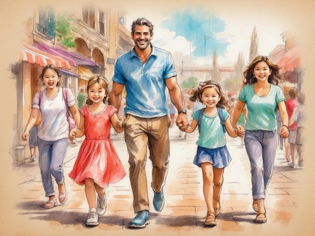 Auf dem Bild sieht man eine fröhliche Gruppe von Menschen, die gemeinsam durch eine Straße spazieren. Ein Mann hält die Hände von zwei kleinen Mädchen, während zwei Frauen ebenfalls mit ihnen gehen. Die Atmosphäre wirkt freundlich und entspannt, ideal für einen Familienausflug.
Für Groß und Klein könnten folgende Aktivitäten passend sein:
1. **Spaziergang im Park**: Die Familie könnte einen schönen Nachmittag im Park verbringen, vielleicht mit einem Picknick.
2. **Eisessen**: Ein Besuch bei einer Eisdiele wäre eine süße Belohnung nach dem Spaziergang.
3. **Gemeinsames Spielen**: Die Kinder könnten im Freien spielen, während die Erwachsenen ein Gespräch führen oder ein Buch lesen.
4. **Geschenke basteln**: Zusammen kreativ werden und einfache Bastelprojekte angehen könnte für alle viel Freude bringen.
Diese Aktivitäten fördern den Zusammenhalt und bieten Spaß für jedes Alter!