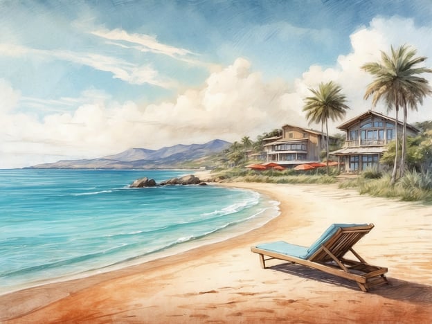 Auf dem Bild ist ein malerischer Strand zu sehen. Die Umgebung ist idyllisch, mit sanften Wellen, die an den feinen Sandstrand schlagen. Im Hintergrund erstreckt sich eine Küstenlandschaft mit sanften Hügeln und Bergen.
Am Strand stehen einige Palmen, die Schatten spenden. Rechts im Bild befinden sich mehrere modernen Strandhäuser mit großen Fenstern und terracottafarbigen Sonnenschirmen. Am Strand liegt eine liegende Liege, die zum Entspannen einlädt. Der Himmel ist klar mit einigen weißen Wolken, was zu einer entspannten, sonnigen Atmosphäre beiträgt.