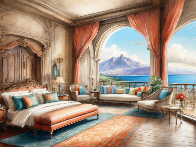 Auf dem Bild ist ein luxuriöses Schlafzimmer mit einem atemberaubenden Ausblick zu sehen. Die Unterkunft bietet ein großes, bequemes Bett mit reichhaltigen Kissen und einer eleganten Bettdecke. Es gibt auch eine gemütliche Sitzecke mit einem Sofa und einem Sessel, die mit farbigen Kissen dekoriert sind.
Die großen Fenster ermöglichen einen Blick auf die Berge und das Wasser, was die Gesamtatmosphäre des Raumes noch entspannender macht. Annehmlichkeiten wie stilvolle Lampen und kunstvolle Gardinen verleihen dem Raum einen klassischen Charme. Der Boden ist mit einem schönen Teppich bedeckt, der dem Raum eine weitere dekorative Note verleiht.