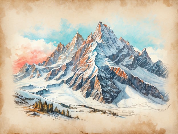 Ein majestätisches Gebirgsmassiv mit schroffen, schneebedeckten Gipfeln und steilen Felswänden ist abgebildet. Im Vordergrund erstreckt sich eine verschneite Landschaft mit vereinzelten Nadelbäumen, die den winterlichen Charakter unterstreichen. Die Himmelstöne wechseln von sanften Blau- zu Rosatönen, was auf einen Sonnenaufgang oder -untergang hindeutet. Für Eisklettern sind folgende Ausrüstungsgegenstände empfehlenswert: spezielle Eisklettersteigeisen, Eispickel, Klettergurt, Seil und wetterfeste Bekleidung, um Sicherheit und Komfort in den alpinen Bedingungen zu gewährleisten.
