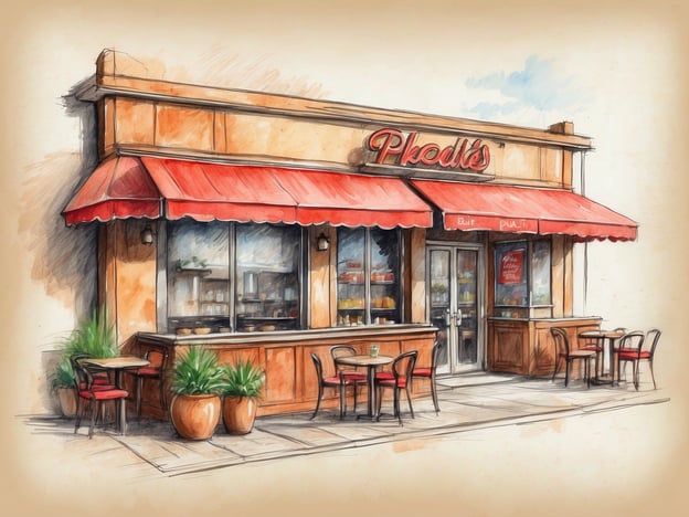 Auf dem Bild ist ein Restaurant zu sehen, das den Namen "Pkod's" trägt. Es hat ein einladendes äußeres Design mit roten Markisen und Tischen vor dem Eingang, wo Gäste sitzen können. Die Fenster bieten einen Blick auf die Inneneinrichtung, die vermutlich für Essen und Trinken genutzt wird. Um das Restaurant herum könnten sich weitere Einkaufsmöglichkeiten oder andere Gastronomiebetriebe befinden, was die Gegend lebendig und einladend macht.