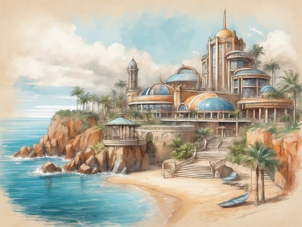 Auf dem Bild ist ein majestätisches, exotisches Gebäude zu sehen, das an einem Strand steht. Es wirkt wie eine Mischung aus traditioneller und moderner Architektur, mit Blau- und Goldtönen, großen Kuppeln und schönen Veranden. Der Standort scheint malerisch am Meer zu liegen, umgeben von Palmen und einem felsigen Küstenbereich.
Eine ähnliche Kulisse könnte zum Beispiel in der Nähe von Sehenswürdigkeiten wie dem Burj Al Arab in Dubai oder dem Hotel Atlantis in Nassau, Bahamas, zu finden sein. Beide Orte sind bekannt für ihre beeindruckende Architektur und Strandlage.