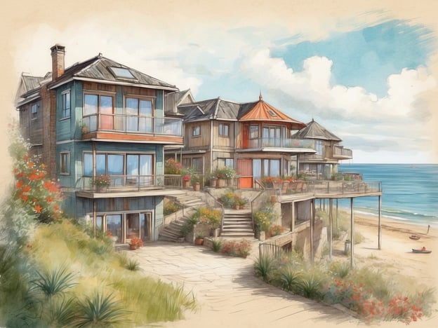 Auf dem Bild sind mehrere moderne Häuser zu sehen, die sich direkt an einem Strand befinden. Die Gebäude haben große Fenster und Balkone, die einen Blick auf das Meer bieten. Der Landschaftsbau um die Häuser herum ist üppig, mit verschiedenen Pflanzen und Blumen, die dem Ort eine einladende Atmosphäre verleihen.
In der Geschichte des Roompot Parks spiegelt dieses Bild das Konzept wider, dass der Raum für Erholung und Naturgenuss gestaltet werden sollte. Roompot Parks bietet Ferienunterkünfte in malerischen Lagen, oft in der Nähe von Küsten, und legt Wert auf Nachhaltigkeit und den Zugang zur Natur. Die dargestellten Häuser könnten ideal für Familien und Urlauber sein, die eine Auszeit in einer schönen Umgebung suchen.