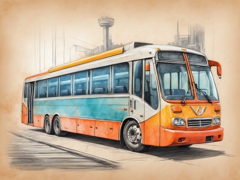 Ein bunter Reisebus steht auf einer Straße. Der Bus hat eine orange-weiße Farbgebung mit blauen Fenstern und einem geöffneten Einstieg. Im Hintergrund sind unscharfe Gebäude und eine Skyline zu erkennen, die eine städtische Umgebung darstellen. Der Bus wirkt einladend und geräumig.