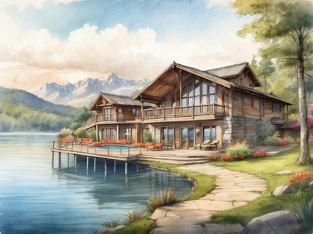 Auf dem Bild ist ein malerisches, modernes Holzhaus am Wasser zu sehen, umgeben von einer wunderschönen Naturlandschaft mit Bergen im Hintergrund. Das Haus hat große Fenster, die viel Licht hereinlassen, und eine Terrasse, die über einen Steg führt. Es scheint, als ob es einen Swimmingpool auf der Terrasse gibt. Im Vordergrund verläuft ein gepflegter Weg, der zum Wasser führt und von bunten Blumen umgeben ist, was die idyllische Atmosphäre verstärkt.
In Bezug auf den Roompot Park - Soustons Village: Dieser Ort bietet ebenfalls eine naturnahe Umgebung, ideale Unterkünfte für Familien und Freizeitmöglichkeiten wie Fahrradtouren, Schwimmen und Erholung in der umliegenden Natur. Die charmante Atmosphäre des Parks ist perfekt für einen entspannenden Urlaub am Wasser.