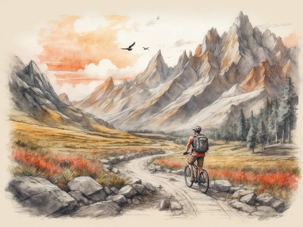 Auf dem Bild ist eine malerische Berglandschaft zu sehen. Ein Sportliebhaber fährt mit seinem Mountainbike auf einem schmalen Weg, umgeben von beeindruckenden Bergen und grünen Wäldern. Die Szene bietet viele Aktivitäten für Natur- und Sportliebhaber, wie zum Beispiel:
1. **Mountainbiking**: Die Strecke ist ideal für Radtouren durch die Berge.
2. **Wandern**: Die Umgebung lädt zu ausgedehnten Wanderungen ein, um die Natur zu erkunden.
3. **Fotografie**: Die spektakuläre Landschaft ist perfekt für Naturfotografie.
4. **Vogelbeobachtung**: Die Vögel, die am Himmel fliegen, sind ein Anziehungspunkt für Ornithologen.
5. **Picknicken**: Die schöne Kulisse könnte auch ein idealer Ort für ein Picknick sein.
Insgesamt bietet die Szenerie eine Vielzahl an Möglichkeiten für Outdoor-Aktivitäten und ein intensives Naturerlebnis.