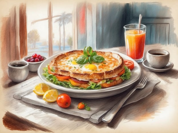 Auf dem Bild ist ein appetitlich angerichtetes Gericht zu sehen, das in einem Restaurant serviert werden könnte. Es handelt sich um ein Sandwich mit mehreren Schichten, das mit einem Spiegelei garniert ist und Gemüse wie Tomaten und Salat enthält. Dazu gibt es einen kleinen Salat und frische Zitrusfrüchte, wie Zitronen und möglicherweise eine kleine Orange.
Am Tisch stehen außerdem Getränke: eine Tasse Kaffee und ein Glas mit frisch gepresstem Saft. Es vermittelt eine gemütliche Atmosphäre, ideal für ein Frühstück oder einen Brunch in einem Café oder Bistro. Die große Fensterfront lässt Licht herein und sorgt für einen angenehmen Blick nach draußen.