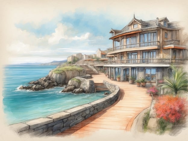 Auf dem Bild ist ein malerisches Küstenhaus zu sehen, das direkt am Wasser liegt. Es hat große Fenster und einen Balkon, der eine schöne Aussicht auf das Meer bietet. Der Weg vor dem Haus ist aus Holz und führt entlang der Küste, eingerahmt von Blumen und Pflanzen. Die sanften Wellen und die klare blaue Farbe des Wassers schaffen eine entspannte Atmosphäre.
Wenn man die Lage des Roompot Parks in Betracht zieht, könnte man sich vorstellen, dass ähnlich idyllische Landschaften und Küstenanblicke in der Nähe solcher Ferienparks zu finden sind. Roompot Parks befinden sich oft in attraktiven Urlaubsregionen mit Zugang zu Wasser und Natur, was den Aufenthalt sehr angenehm macht.