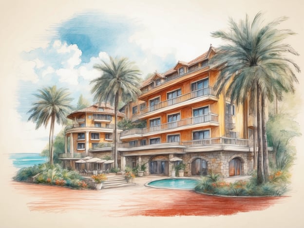 Auf dem Bild ist eine schöne Unterkunft in Form eines eleganten Hotels oder Resorts zu sehen. Das Gebäude hat mehrere Etagen und große Fenster, die einen Blick auf die Umgebung ermöglichen. Umgeben ist es von Palmen und üppiger Vegetation, was eine tropische Atmosphäre schafft.
In der Freizeit könnten Gäste am Pool entspannen, der im Vordergrund sichtbar ist, oder die Sonne auf den Liegen genießen. Es gibt auch schattenspendende Bereiche mit Sonnenschirmen, ideal für entspannte Stunden im Freien. Diese Umgebung bietet zahlreiche Möglichkeiten für Erholung und Aktivitäten im Freien, wie Schwimmen oder Lesen in der Natur.