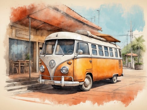 Ein orangener Volkswagen-Bus steht vor einem Gebäude in Feira de Santana, Brasilien. Der Bus hat eine charakteristische Form mit abgerundeten Kanten und Fensterrahmen. Im Hintergrund sind Holzstühle und Tische sichtbar, die auf einer Terrasse stehen. Palmen und weitere Gebäude sind am Horizont zu erkennen, während das Wetter sonnig und einladend wirkt.