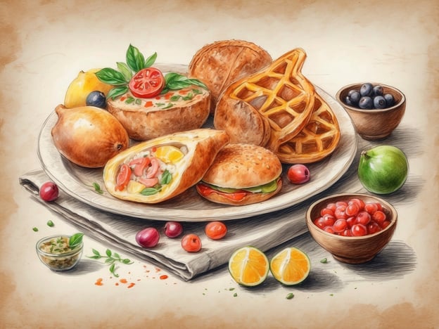 Auf dem Bild ist eine bunte Platte mit verschiedenen kulinarischen Genüssen und lokalen Spezialitäten zu sehen. Die Auswahl umfasst:
- **Herzhafte Teigtaschen**: Gefüllt mit Gemüse und möglicherweise auch Fleisch, die oft in vielen Kulturen zu finden sind.
- **Waffeln**: Die knusprigen Waffeln könnten süß oder herzhaft sein und verleihen dem Teller eine besondere Note.
- **Frisches Obst**: Zitrusfrüchte wie Limetten und Zitronen, sowie Trauben und Beeren, die für Frische und einen fruchtigen Geschmack sorgen.
- **Einige Saucen oder Dips**: Diese könnten aus regionalen Kräutern bestehen und das Essen perfekt ergänzen.
Dieses Arrangement vermittelt einen Eindruck von Vielfältigkeit und regionalen Aromen, die oft in traditionellen Märkten oder bei Festen zu finden sind.