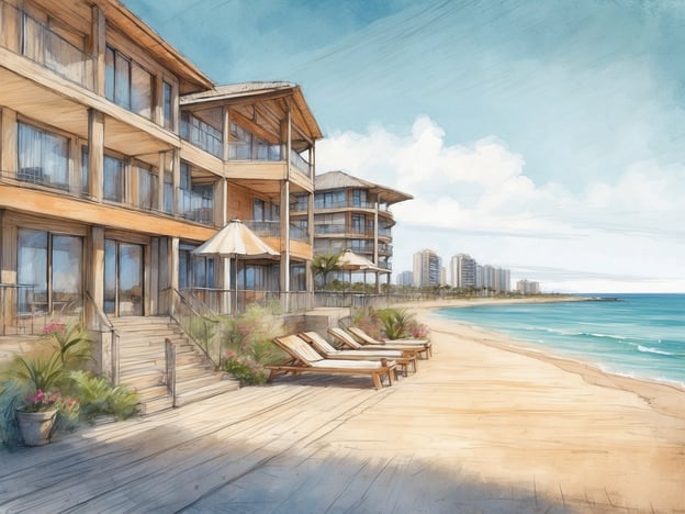 Auf dem Bild ist eine malerische Küstenansicht zu sehen, die eine moderne Ferienanlage zeigt, die möglicherweise zum Roompot Park in Soulac Plage gehört. Die Gebäude verfügen über große Fenster und Balkone, die einen Blick auf den Strand und das Meer bieten. Vor den Gebäuden befinden sich Liegen, die zum Entspannen einladen.
Der Strand ist sandig und erstreckt sich entlang des Wassers, während im Hintergrund einige hohe Gebäude zu sehen sind. Der Himmel ist blau mit einigen Wolken, was auf einen sonnigen Tag hindeutet. Dies vermittelt eine entspannende Urlaubsatmosphäre, die Gäste anlockt, die die Kombination aus Komfort und Natur genießen möchten.