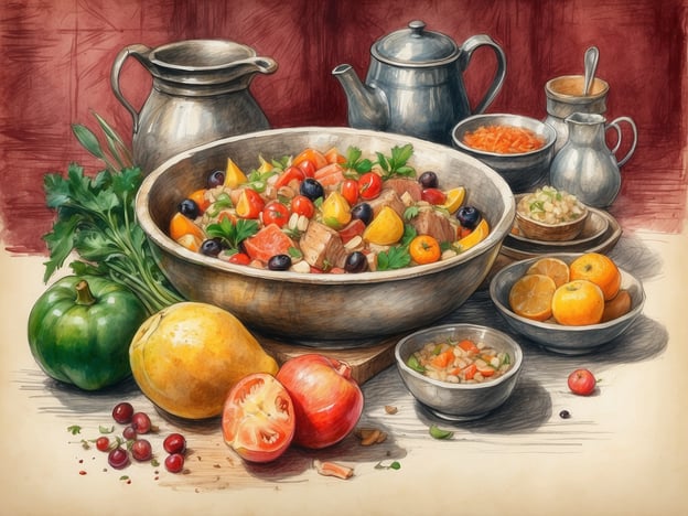 Auf dem Bild ist eine kulinarische Vielfalt zu sehen, die verschiedene regionale Spezialitäten repräsentiert. Im Vordergrund befindet sich eine große Schüssel mit einem bunten Salat, der aus frischen Zutaten wie Tomaten, Paprika, Oliven und Kräutern besteht. Rund um die Schüssel liegen zahlreiche Obstsorten, darunter Äpfel, Birnen und Zitrusfrüchte, die nicht nur die Farbenpracht, sondern auch die Geschmackserlebnisse der Region widerspiegeln.
Zusätzlich sieht man einige kleine Schalen, die möglicherweise Beilagen oder Dips enthalten, was auf eine Tradition des Teilens und Genießens der Speisen in geselliger Runde hinweist. Die Verwendung von saisonalen und regionalen Produkten unterstreicht die Wertschätzung für frische Zutaten und authentische Aromen. Insgesamt vermittelt das Bild einen Eindruck von Gastfreundschaft und der Freude am Essen.