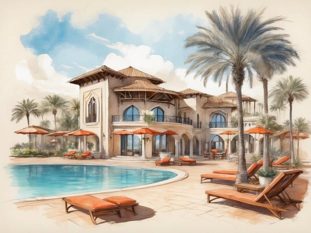 Auf dem Bild ist eine malerische Ansicht eines Pools mit Liegen und Sonnenschirmen zu sehen, umgeben von Palmen und einem elegant gestalteten Gebäude, das typisch für die Architektur in Agadir ist.Der ROBINSON CLUB AGADIR ist ein beliebter Ferienort in Marokko, der eine Vielzahl von Annehmlichkeiten bietet. Die Anlage ist bekannt für ihre entspannende Atmosphäre, großes Sportangebot und erstklassige Gastronomie. Gäste können Aktivitäten wie Tennis, Wassersport und Fitnessprogramme genießen. Zudem gibt es einen direkten Zugang zu einem schönen Strand, der für Entspannung und Wassersportmöglichkeiten genutzt werden kann. Der Club richtet sich sowohl an Paare als auch an Familien und bietet spezielle Programme für Kinder und Jugendliche.
