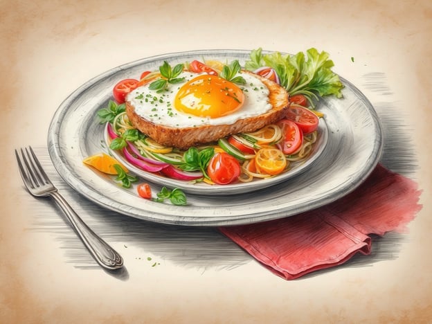 Auf dem Bild ist ein leckeres Gericht zu sehen, das auf einem eleganten Teller angerichtet ist. Es zeigt eine Portion Pasta, umgeben von frischem Gemüse wie Cherrytomaten, Zwiebeln und Kräutern. Obenauf liegt ein knusprig gebratenes Stück Fisch, das mit einem perfekt gegarten Spiegelei gekrönt ist.Solche kulinarischen Erlebnisse im Club können ein Highlight für Feinschmecker sein, die nicht nur die Geschmacksknospen, sondern auch das Auge verwöhnen möchten. In einem Club-Setting könnte dieses Gericht als Teil eines exquisiten Menüs serviert werden, das die Gäste in eine Welt gastronomischer Genüsse entführt.