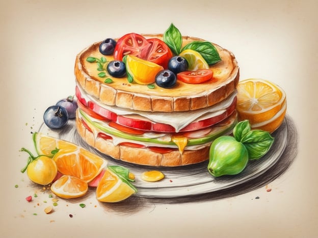 Auf dem Bild ist ein fantasievoller und kunstvoll zubereiteter Sandwich-Turm zu sehen. Die hellbraunen Brotscheiben sind üppig mit frischem Gemüse geschichtet, darunter saftige Tomaten, knackige Gurken und eine cremige Füllung. Dekoriert wird der Turm mit bunten Früchten wie Heidelbeeren und kleinen Zitronenscheiben sowie frischen Kräutern, die das Ganze lebendig wirken lassen.Um den Sandwich-Turm herum liegen verschiedene Zitrusfrüchte wie Orangen und Zitronen, die eine erfrischende Farbpalette bilden. Das Bild vermittelt ein Gefühl von Frische und Kreativität und ist eine wunderbare Einladung zu einem kulinarischen Erlebnis voller Geschmack und Farben.