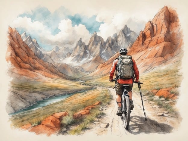 Auf dem Bild ist eine Person zu sehen, die mit einem Mountainbike auf einem Weg in einer bergigen Landschaft fährt. Die Umgebung ist geprägt von majestätischen Bergen, grünen Wiesen und einem Fluss, der durch das Tal fließt.Freizeitaktivitäten in dieser Umgebung könnten das Mountainbiken, Wandern, Campen oder Fotografieren der beeindruckenden Natur sein. Auch Aktivitäten wie Angeln im Fluss oder einfach nur das Genießen der Landschaft bei einem Picknick wären hier möglich.