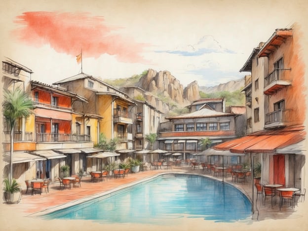 Auf dem Bild ist eine malerische Hotelanlage mit einem Swimmingpool zu sehen. Die Gebäude sind in warmen Farben gestaltet und verfügen über Balkone. Rund um den Pool stehen gemütliche Sitzmöglichkeiten mit Tischen und Sonnenschirmen. Es scheint, dass die Unterkunft eine entspannende Atmosphäre bietet, ideal für Urlauber. Die Umgebung ist von grünen Pflanzen und einer schönen Felslandschaft umgeben, was für eine idyllische Kulisse sorgt.In Bezug auf Verpflegungsoptionen könnte man annehmen, dass es ein Restaurant oder eine Bar in der Nähe gibt, wo Gäste Speisen und Getränke genießen können, eventuell auch im Freien.