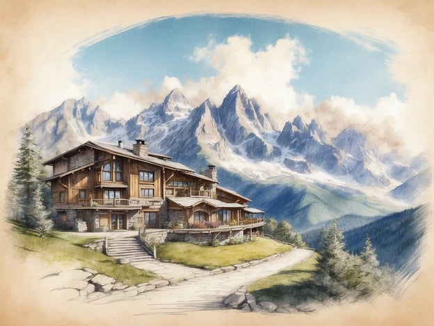 Auf dem Bild ist ein malerisches, typisches Berghotel oder Chalet zu sehen, umgeben von eindrucksvoller Berglandschaft mit hohen Gipfeln und bewaldeten Hängen. Die Architektur ist rustikal und wird durch große Fenster und Holzverkleidungen charakterisiert, was gut zu einer alpinen Umgebung passt.Die Lage des ROBINSON CLUB AROSA bietet eine ähnliche alpine Kulisse, denn es befindet sich in der atemberaubenden Natur der Schweizer Alpen, ideal für Erholung und Aktivitäten in der Natur.