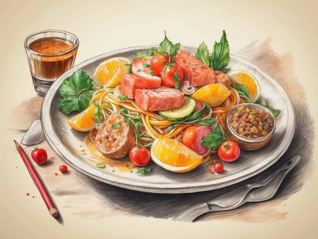 Auf dem Bild ist ein ansprechend angerichteter Teller mit verschiedenen gastronomischen Angeboten zu sehen. Er enthält:- Pasta, die mit frischem Gemüse und Gewürzen garniert ist.- Gegrillten Lachs, der in Stücken angeordnet ist.- Orangen- und Tomatenscheiben, die eine fruchtige Note hinzufügen.- Eine kleine Schüssel mit einer herzhaften Beilage, die möglicherweise eine Art Dip oder Salat ist.- Ein Glas Getränk, das begleitend zu den Speisen serviert wird.Die Präsentation ist ansprechend und vermittelt ein Gefühl von Frische und Genuss.