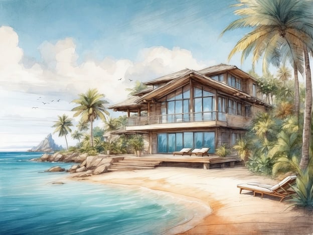 Auf dem Bild ist eine malerische Strandvilla zu sehen, die von Palmen umgeben ist. Die Architektur ist modern und großzügig, mit großen Fenstern, die einen Blick auf das Meer ermöglichen. Der Strand ist sandig und lädt zum Entspannen ein, während das Wasser in verschiedenen Blautönen schimmert.Die Lage des ROBINSON CLUB CABO VERDE zeichnet sich ebenfalls durch schöne Strände und eine tropische Umgebung aus, die perfekt für Erholung und Aktivitäten in der Natur geeignet sind.