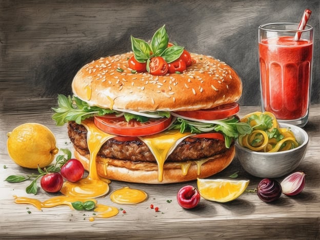 Auf dem Bild ist ein ansprechender Hamburger zu sehen, der mit frischen Zutaten wie Tomaten, Salat und geschmolzenem Käse belegt ist. Daneben gibt es eine Portion von fruchtigen Beilagen sowie ein Getränk, das möglicherweise ein erfrischender Saft ist.Im ROBINSON CLUB CABO VERDE werden kulinarische Genüsse großgeschrieben. Hier können die Gäste eine Vielzahl von Speisen erleben, von internationaler Küche bis zu lokalen Spezialitäten, die alle frisch zubereitet werden. Das Angebot reicht von herzhaften Grillgerichten bis zu leichten Salaten und verschiedenen Desserts, sodass für jeden Geschmack etwas dabei ist.