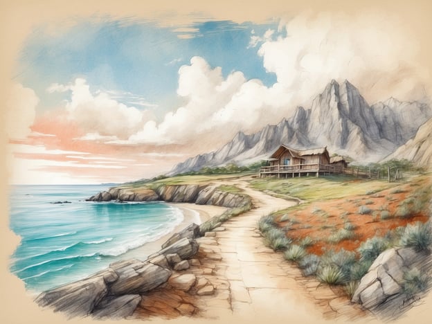 Auf dem Bild ist eine malerische Küstenlandschaft mit einem Pfad, der entlang des Wassers führt, sowie einem einfachen Holzhaus im Vordergrund. Die Umgebung ist geprägt von sanften Hügeln und Bergen im Hintergrund, während der Himmel mit Wolken und sanften Farben gefüllt ist.In den Kapverden gibt es viele Ausflugsmöglichkeiten, die diese schöne Natur perfekt ergänzen:1. **Wanderungen auf Santo Antão**: Die Wanderrouten bieten atemberaubende Ausblicke auf die Berge und die üppigen Täler.2. **Inselhopping**: Besuchen Sie verschiedene Inseln wie São Vicente, Boavista und Maio, jede mit ihrem einzigartigen Charme und Aktivitäten.3. **Schnorcheln und Tauchen**: Die Gewässer rund um die Inseln sind ideal, um die vielfältige Unterwasserwelt zu erkunden.4. **Besuch von Praia**: Die Hauptstadt hat eine lebendige Kultur, tolle Märkte und schöne Strände.5. **Vulkanbesteigungen**: Auf Fogo können Abenteuerlustige den aktiven Vulkan Mount Fogo besteigen.6. **Kultur- und Musikfestivals**: Erleben Sie die reiche Kultur und Musik der Kapverden, besonders während der Festivals.Diese Möglichkeiten bieten eine hervorragende Gelegenheit, die atemberaubende Landschaft und die Kultur der Kapverden zu erleben.