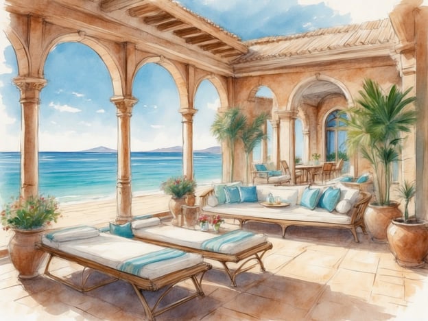 Auf dem Bild ist eine malerische Terrasse mit Aussicht auf das Meer zu sehen. Die Architektur ist von einer mediterranen Stilrichtung geprägt, mit Säulen und großen Fenstern, die viel Licht hereinlassen. Auf der Terrasse befinden sich bequeme Liegen und ein Sofa mit dekorativen Kissen, umgeben von Pflanzen und blühenden Blumen.Der ROBINSON CLUB CALA SERENA bietet eine entspannende Urlaubsatmosphäre mit direktem Zugang zum Strand, luxuriösen Annehmlichkeiten und einer schönen Landschaft. Gäste können hier in einer idyllischen Umgebung entspannen, zahlreiche Freizeitaktivitäten genießen und die mediterrane Küche erleben.
