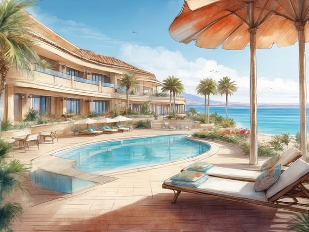 Auf dem Bild ist eine malerische Poollandschaft zu sehen, umgeben von Palmen und einer wunderschönen Hotelarchitektur, die an den ROBINSON CLUB ÇAMYUVA in der Türkei erinnert. Der Club liegt direkt am Meer und bietet eine entspannende Atmosphäre, ideal für einen Urlaub.Der ROBINSON CLUB ÇAMYUVA bietet zahlreiche Freizeit- und Sportmöglichkeiten, darunter Wassersport, Yoga und Tennis. Die Anlage ist bekannt für ihr umfangreiches All-Inclusive-Angebot, das schmackhafte Mahlzeiten und Getränke umfasst. Gäste können sowohl am Pool als auch am Strand entspannen und die traumhafte Umgebung genießen.
