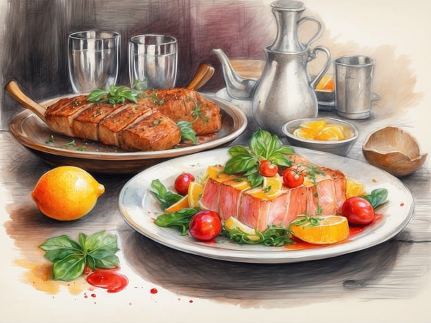 Auf dem Bild sind köstliche kulinarische Genüsse zu sehen, die in einem eleganten gastronomischen Setting präsentiert werden. Es gibt zwei Hauptgerichte: Ein saftiges Stück Fleisch, das appetitlich angerichtet und mit frischen Kräutern verfeinert ist, und einen bunten Salat, der mit Zitrusfrüchten und Kirschtomaten garniert ist.Die ansprechende Anordnung und die lebendigen Farben der Zutaten machen das Bild zu einer Augenweide für Feinschmecker. Die Gläser und das Geschirr im Hintergrund unterstreichen die festliche Atmosphäre, die man oft in einem Club erlebt, wo exquisite Speisen und Getränke serviert werden. Solche kulinarischen Erlebnisse fördern nicht nur den Genuss, sondern schaffen auch unvergessliche Momente in geselliger Runde.