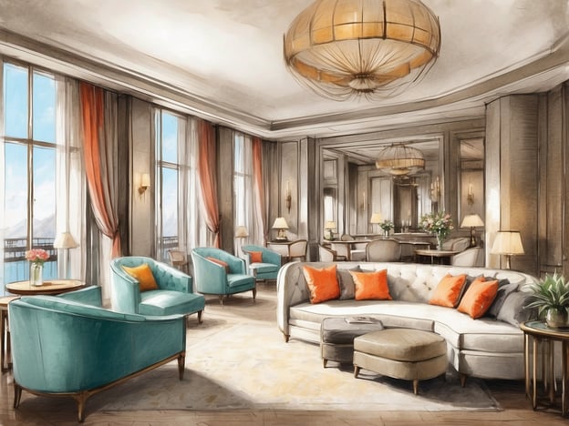 Auf dem Bild ist ein stilvolles und modernes Wohnzimmer zu sehen. Die Unterkünfte und Ausstattung umfassen:- **Bequeme Sitzgelegenheiten**: Ein großes, elegantes Sofa mit farbigen Kissen sowie mehrere angenehme Sessel.- **Tische**: Eine kleine Teetafel in der Nähe des Sofas und dekorative Beistelltische.- **Lichtquellen**: Mehrere stilvolle Lampen sorgen für eine angenehme Beleuchtung, unterstützt durch große Fenster, die viel Tageslicht hereinlassen.- **Dekoration**: Es gibt Pflanzen und Blumenschmuck, die zur gemütlichen Atmosphäre beitragen.- **Farbschema**: Das Interieur ist in sanften, eleganten Farbtönen gehalten, mit Akzenten in Türkis und Orange.Insgesamt vermittelt der Raum eine einladende und luxuriöse Stimmung.