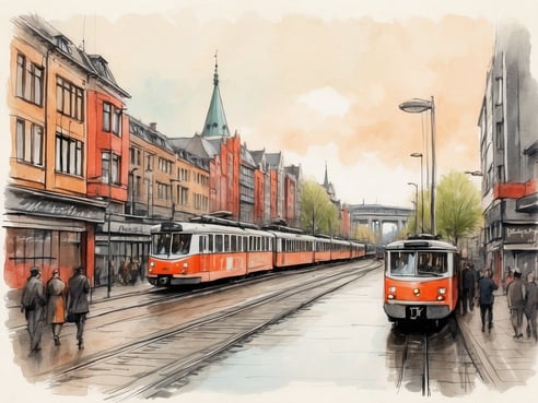 Eine malerische Ansicht einer Straßenbahnhaltestelle in einer städtischen Umgebung. Die Straße ist von bunten Gebäuden gesäumt, während sich zwei orangefarbene Straßenbahnen auf den Schienen befinden. Passanten gehen die Straße entlang und es sind grüne Bäume zu sehen, die das Bild auflockern. Der Himmel hat eine sanfte orangefarbene Nuance, was eine ruhige Atmosphäre schafft.