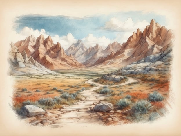 Auf dem Bild ist eine malerische Landschaft mit Bergen und einem gewundenen Pfad zu sehen, der durch eine offene, karge Fläche führt. Solch eine Umgebung könnte Ähnlichkeiten mit verschiedenen Naturparks oder Wandergebieten haben.In der Nähe solcher Landschaften gibt es oft zahlreiche Ausflugsmöglichkeiten und Sehenswürdigkeiten, wie zum Beispiel:1. **Wanderungen**: Es gibt zahlreiche Wanderwege, die spektakuläre Ausblicke auf die umliegenden Berge bieten, ideal für Naturfreunde und Outdoor-Enthusiasten.2. **Nationalparks**: Viele dieser Regionen sind in oder nahe bei Nationalparks, die vielfältige Flora und Fauna beherbergen und Möglichkeiten für Camping und Picknick bieten.3. **Fotografie**: Die beeindruckende Landschaft eignet sich hervorragend für Fotografie. Besondere Orte könnten Aussichtsplattformen oder Sonnenuntergangsstellen sein.4. **Tierbeobachtungen**: In solchen Gebieten können oft Wildtiere wie Rehe, verschiedene Vogelarten oder sogar flüchtende Wildschweine beobachtet werden.5. **Kulturelle Stätten**: Manchmal sind in der Nähe auch historische Stätten oder lokale Museen zu finden, die Informationen über die Region und ihre natürliche und kulturelle Geschichte bieten.Diese Erlebnisse bieten eine perfekte Ergänzung zur Erkundung der malerischen Landschaft!