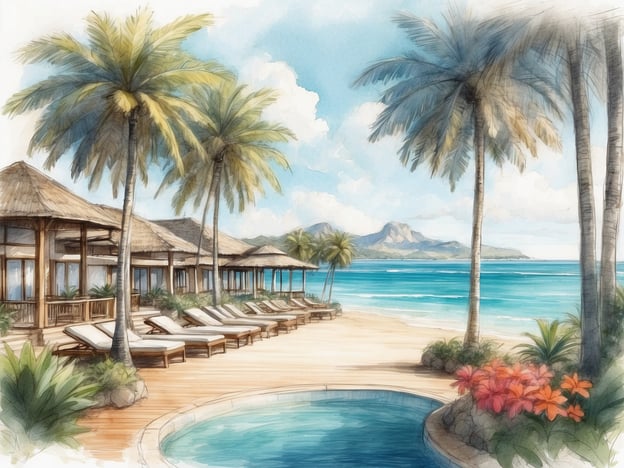 Auf dem Bild ist eine traumhafte Aussicht auf einen Strandbereich zu sehen, der von Palmen umgeben ist. Es gibt Liegen auf einem Holzdeck in der Nähe des Wassers sowie eine Swimmingpool-Ähnlichkeit im Vordergrund. Im Hintergrund sind sanfte Hügel oder Berge und der weite Ozean sichtbar, was eine entspannende und exotische Atmosphäre vermittelt.Der ROBINSON CLUB ESQUINZO PLAYA bietet ähnlich idyllische Urlaubsbedingungen. Er liegt an der Südküste von Fuerteventura und zeichnet sich durch einen schönen Strand, ein umfangreiches Sportangebot und kulinarische Vielfalt aus. Die Anlage ist ideal für Erholungssuchende und Aktivurlauber gleichermaßen und bietet zahlreiche Freizeitmöglichkeiten, darunter Wellness- und Sportangebote.