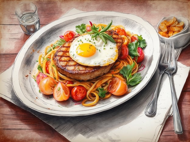 Auf dem Bild ist ein ansprechend angerichtetes Gericht zu sehen, das eine Kombination aus gegrilltem Fleisch, Spaghetti und frischen Gemüsezutaten umfasst. Der Teller enthält eine saftige Scheibe Fleisch, garniert mit einem Spiegelei, umgeben von bunten Cherry-Tomaten und Kräutern. Daneben befindet sich ein Glas Wasser und eine kleine Schale mit knusprigen Snacks.Kulinarische Highlights im Club könnten solche kreativen und herzhaften Gerichte sein, die sowohl zum Verweilen als auch zum Genießen einladen. Die Mischung aus Aromen und Texturen macht ein solches Essen zu einem Erlebnis, das perfekt für gesellschaftliche Anlässe geeignet ist.