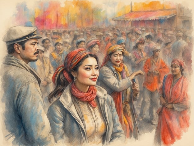 Auf dem Bild ist eine lebhafte Szene zu sehen, die von einer Feier oder einem Fest in einem belebten Marktplatz inspiriert ist. Viele Menschen sind zu sehen, darunter Frauen und Männer in traditionellen Kleidern, die miteinander interagieren und fröhlich wirken. Die Farbpalette vermittelt eine festliche Atmosphäre, möglicherweise mit herbstlichen Farben im Hintergrund, die auf ein besonderes Event hindeuten könnten.Solche Veranstaltungen könnten traditionelle Tänze, Musik oder kulinarische Angebote umfassen, die typischerweise Teil von kulturellen Festen sind. Die Figuren auf dem Bild scheinen sich in einem geselligen Austausch zu befinden, was das Gefühl von Gemeinschaft und Feierlichkeit verstärkt.