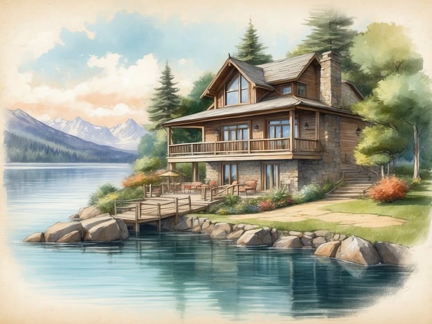 Das Bild zeigt eine malerische Szene eines Hauses am Wasser, umgeben von Bäumen und mit Blick auf Berge im Hintergrund. Der Stil ist sanft und illustrativ, was eine entspannende Atmosphäre vermittelt.Der ROBINSON CLUB FLEESENSEE ist ein beliebtes Urlaubsziel in Deutschland, bekannt für seine idyllische Lage am Fleesensee. Der Club bietet eine Vielzahl von Aktivitäten, darunter Wassersport, Tennis und Wellnessangebote. Mit einem Fokus auf Erholung und Freizeitspaß ist der ROBINSON CLUB ein idealer Ort für Familien, Paare und Alleinreisende. Die Umgebung bietet zudem Möglichkeiten zum Wandern und Radfahren in der Natur.