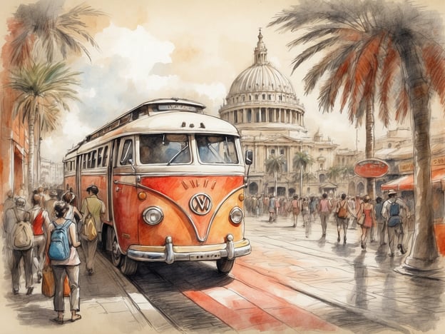 Auf dem Bild ist eine belebte städtische Szene zu sehen, die von einem roten VW-Bus geprägt ist, der in der Mitte des Geschehens steht. Der Bus erinnert an nostalgische Reisen und vermittelt ein Gefühl von Freiheit und Abenteuer. Im Hintergrund sieht man imposante Gebäude mit einer markanten Kuppel, umgeben von Palmen, die eine tropische Atmosphäre schaffen.Die Menschenmenge, die entlang der Straße schlendert, verleiht der Szenerie eine lebendige Dynamik, und die Farben des Kunstwerks strahlen Wärme und Lebensfreude aus. Diese Darstellung könnte eine Einladung sein, die Schönheit urbaner Orte zu entdecken und sich von der Geschichte und Kultur inspirieren zu lassen.