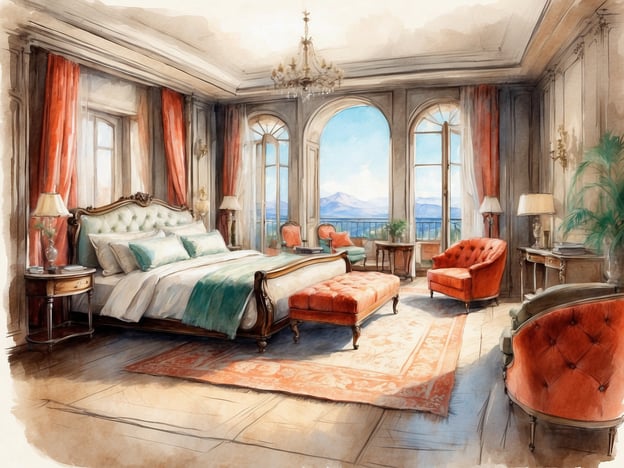 Auf dem Bild ist ein elegantes Schlafzimmer zu sehen. Es enthält ein großes, bequemes Bett mit dekorativen Kissen und einer schicken Bettumrandung. Neben dem Bett stehen Nachttische mit Lampen. Die Fenster sind groß und bieten einen wunderschönen Blick auf die Landschaft, mit Bergen im Hintergrund.Es gibt auch einen gemütlichen Wohnbereich im Zimmer, ausgestattet mit roten Sesseln und einem Tisch. Der Raum ist hell und freundlich, mit vielen Fenstern, die Licht hineinlassen, und die Einrichtung ist stilvoll gestaltet, was dem Schlafzimmer eine luxuriöse Atmosphäre verleiht.