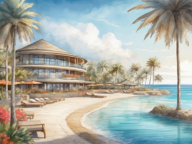 Auf dem Bild ist eine malerische Strandlandschaft zu sehen, die einen modernen, eleganten Gebäudekomplex in Küstennähe zeigt, umgeben von Palmen und blühenden Pflanzen. Die Architektur wirkt einladend und harmonisch, mit großen Fenstern, die einen Blick auf das Meer ermöglichen. Der Strandbereich ist mit Liegen und Sonnenschirmen ausgestattet, was eine entspannende Atmosphäre vermittelt.Der ROBINSON CLUB JANDIA PLAYA ist bekannt für seine traumhafte Lage auf Fuerteventura, ideal für erholsame Urlaubsaufenthalte. Gäste können verschiedene Sport- und Freizeitaktivitäten genießen, während sie gleichzeitig die Schönheit der Natur und den Komfort luxuriöser Unterkünfte erleben. Der Club bietet ein umfangreiches All-Inclusive-Angebot, das kulinarische Vielfalt und zahlreiche Wellness-Möglichkeiten umfasst.